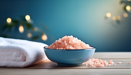 Spa-like setting with pink Himalayan salt in a blue bowl and a soft towel.