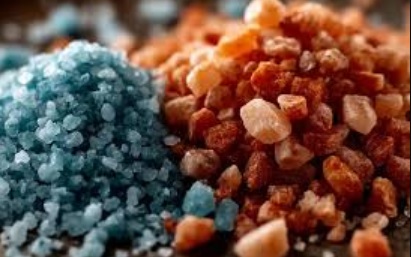 Spa-like setting with pink Himalayan salt in a blue bowl and a soft towel.